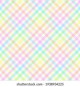 Diagonal rainbow gingham. Multi coloured seamless vector suitable for fashion, interiors, plus Easter and baby shower decor