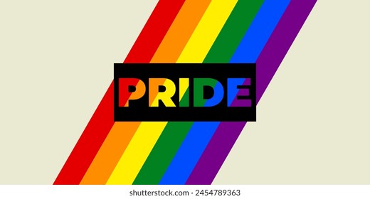 Diagonal rainbow stripes with the word "Pride" on a beige background. A celebration of LGBTQ identity. Abstract banner for Pride month. Vector illustration.