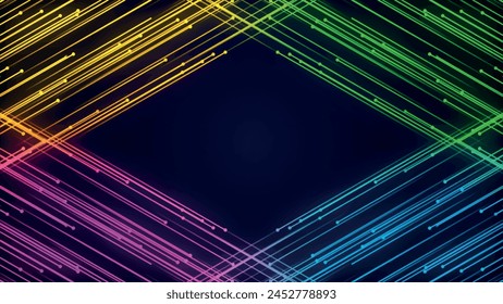 Diagonal rays of light. Glowing stripes on a dark background. Colored diagonal lines on a dark background. Colorful light paths with movement effect. vector illustration.