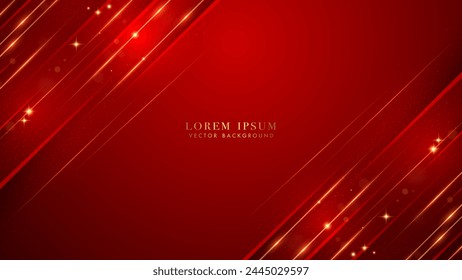 Diagonal red and golden lines with shiny dots, and glittering light effects elements. Luxury background style vector design