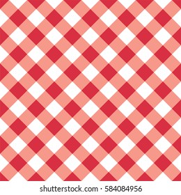 Diagonal red seamless table cloth with plaid gingham picnic pattern.