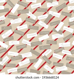 Diagonal red stripes pattern of little paper notes in neutral pattern. Vector seamless pattern design for textile, fashion, paper, packaging, wrapping and branding