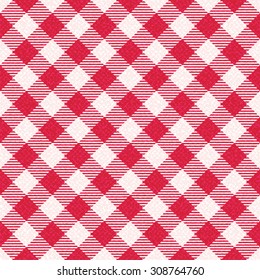Diagonal red and white textured plaid gingham vector pattern background