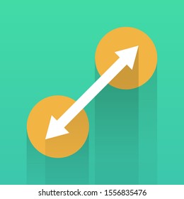 Diagonal resize arrows with dots vector icon on green background with shadow. Flat vector zoom view icon symbol sign from modern arrows collection for. Mobile concept and web apps.
