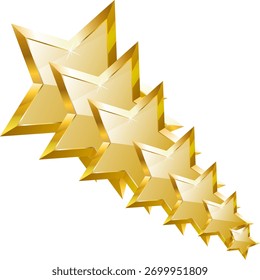 Diagonal row of shiny 3D golden stars, decreasing in size, for rating or success concept.