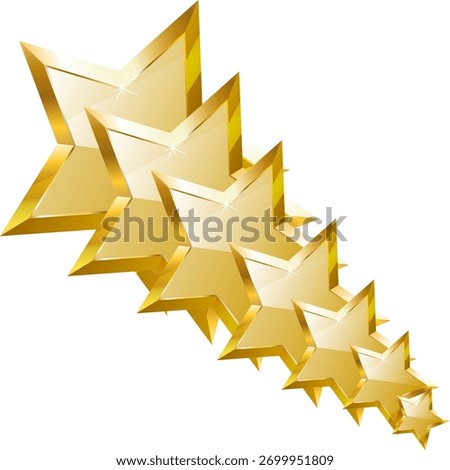Diagonal row of shiny 3D golden stars, decreasing in size, for rating or success concept.