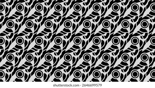Diagonal rows of swirling shapes with bold black curves and dots, creating a modern abstract rhythm.