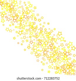 Diagonal Scattered on white background made of little gold glitter stars. Falling little gold Confetti stars. Vector illustration.