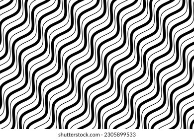Diagonal sea wave lines art fabric pattern. Black geometric motion wavy stripes on white background vector. Abstract optical illusion curve strips. Wall and floor ceramic tiles pattern.