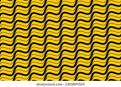 Diagonal sea wave lines art fabric pattern. Black geometric motion wavy stripes on yellow background vector. Abstract optical illusion curve strips. Wall and floor ceramic tiles pattern.