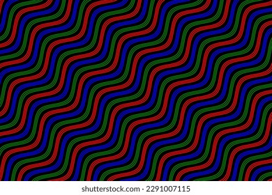 Diagonal sea wave lines repeating pattern. Colorful geometric wavy stripes fabric pattern on black background vector. Abstract optical illusion curve strips. Wall and floor ceramic tiles pattern.