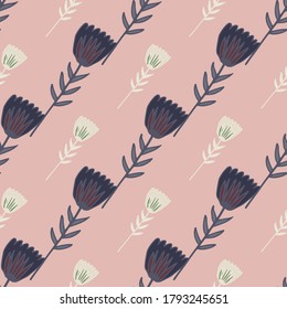 Diagonal seamless floral pattern with contoured flowers in dark blue and white tones. Soft light pink background. Perfect for wallpaper, wrapping paper, textile print, fabric. Vector illustration.