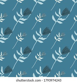 Diagonal seamless floral pattern with flowers in navy and light tones. Dark blue background. Simple design. Great for wrapping paper, textile, fabric print and wallpaper. Vector illustration.