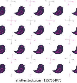 Diagonal seamless pattern with birds and Scandinavian arrows