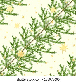 Diagonal seamless pattern with fir branches and stars