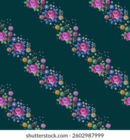 Diagonal seamless pattern with floral embroidery on a black background. Print for fabric.