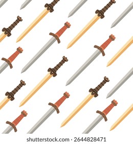 Diagonal seamless pattern with gladius style sword. Hand drawn flat style illustration for textile, wrapping paper, projects in a historical or fantasy theme