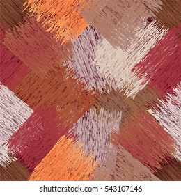 Diagonal seamless pattern with grunge striped square elements in brown,orange,beige,white,violet pastel colors