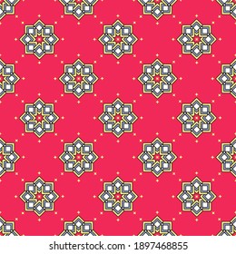 Diagonal seamless pattern in oriental style, gray with yellow and white stars, crimson background. Great for decorating fabrics, textiles, gift wrapping design, any printed materials and advertising.