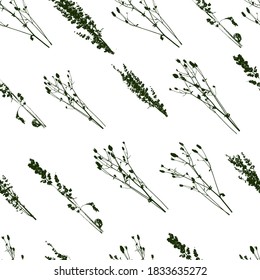 Diagonal seamless pattern with silhouettes of wild meadow grasses on white - background for natural design