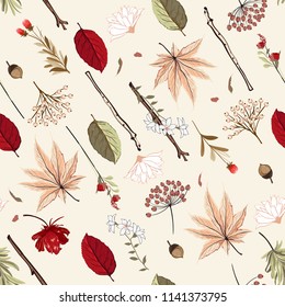 Diagonal seamless pattern vector Autumn hand drawn elements motive,leaves,flowers,nuts,branch,for fashion fabric and all prints on sweet mode soft and gentle on light pink background.