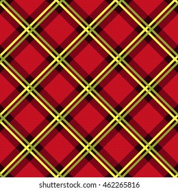 Diagonal seamless vector fabric pattern mainly in red color with green and yellow lines
