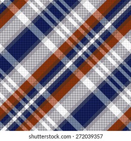 Diagonal seamless vector pattern as a tartan plaid mainly in blue, brown and light grey colors