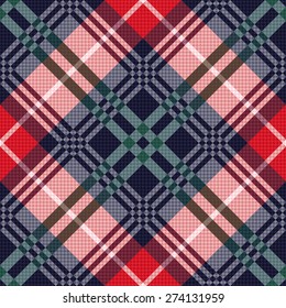 Diagonal seamless vector pattern as a tartan plaid mainly in red, pink, green and dark blue colors