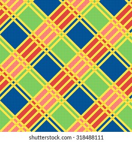 Diagonal seamless vector pattern as a tartan plaid mainly in motley trendy colors