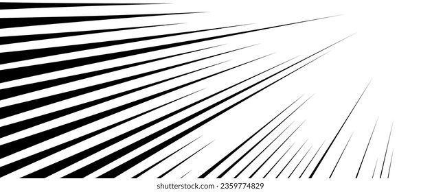 Diagonal speed lines background. Comic book explosion lines wallpaper. Abstract black and white flash frame design. Manga or anime cartoon light beam sun burst. Pop art corner effect. Vector