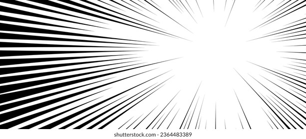 Diagonal speed lines background. Comic book explosion wallpaper. Abstract black and white radial line frame design. Manga or anime cartoon sunburst. Pop art light beams or rays effect. Vector backdrop