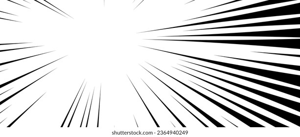 Diagonal speed lines background. Comic book sunburst. Abstract black and white radial line frame design. Manga or anime cartoon explosion wallpaper. Pop art light beams or rays effect. Vector backdrop