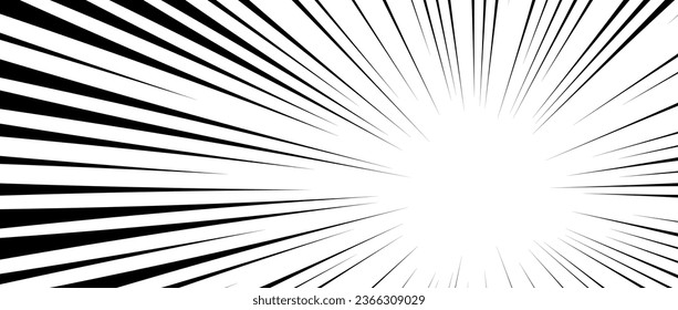 Diagonal speed lines background. Comic book sunburst frame. Abstract black and white radial lines. Manga or anime cartoon explosion wallpaper. Pop art light beams or rays effect. Vector backdrop