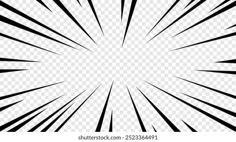 Diagonal speed lines background. Comic book sunburst. Abstract black and white radial line frame. Manga or anime cartoon explosion wallpaper. Pop art light beams or rays effect. Vector
