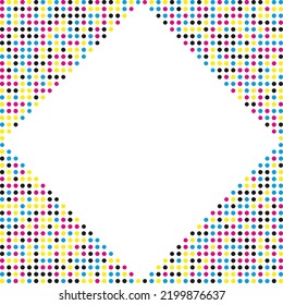 Diagonal square frame CMYK halftone pattern. An arrangement of cyan, magenta, yellow and black circle shapes in triangular formations. Isolated on a white background.