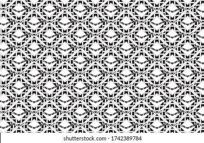 Cuadrados diagonales con una banda diagonal entrelazada en un patrón repetido en blanco y negro hecho de bloques y contornos de forma, ilustración vectorial