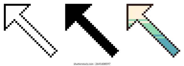 Diagonal Straight Arrow, Pixel Art Icon Set with Variation in Monochrome and Color