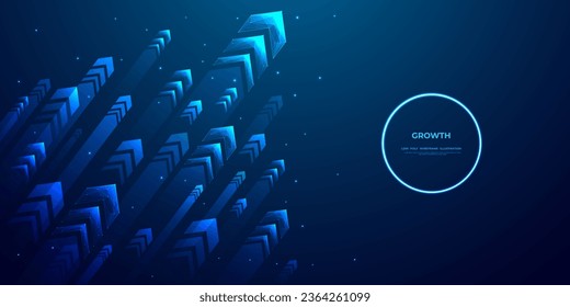 Diagonal stream of growth Up arrows in blue futuristic style on dark technology background with glowing dots or stars. Low poly wireframe high-speed arrows that are flying up. Vector illustration.