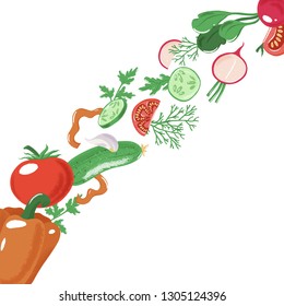 Diagonal strip of vegetables - tomato, bell pepper, radish, onion, cucumber, garlic and ruccola, salad ingredients, textured vector illustration isolated on white background, banner template