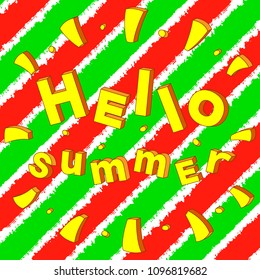 Diagonal striped color background with lettering Hello Summer. Vector illustration.