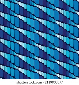 Diagonal striped composition with multicolored geometric elements in the shape of diamonds on a black background. Little elements with different shades of blue. Seamless repeating vector pattern. 