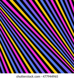 Diagonal striped pattern. Repeated bright color lines on black background. Abstract wallpaper. Vector illustration