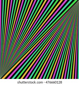 Diagonal striped pattern. Repeated neon color lines on black background. Abstract sunbeam ray wallpaper. Vector illustration