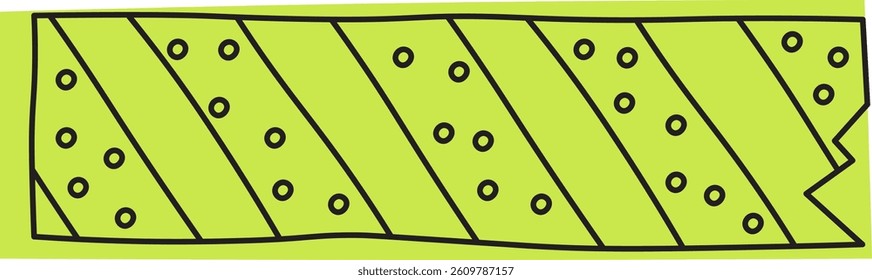 Diagonal striped pattern washi tape with hand-drawn dots in a playful doodle style. Slanted lines and circular accents create a lively and dynamic appearance. Cartoon vector illustration.