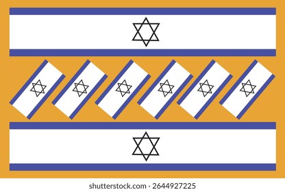 Fundo amarelo listrado diagonal com bandeiras israelenses e estrela judaica no layout vetorial moderno