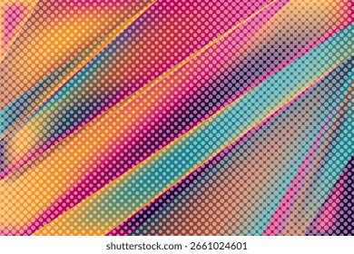 Listras diagonais círculos de meio-tom textura colorido design vetorial. O efeito em camadas cria um senso de direção. Estrutura pronta para web designs. Camadas diagonais abstratas em movimento.