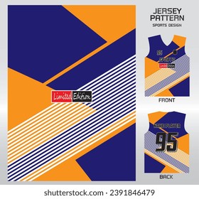 Diagonal stripes orange blue pattern design, illustration, textile background for sports t-shirt, football jersey shirt mockup for football club. consistent front view