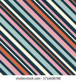 Motif de bandes diagonales. Texture vectorielle simple et harmonieuse avec de fines lignes inclinées. Arrière-plan abstrait géométrique grunge moderne. Orange, rose, bleu marine, vert menthe et beige. Design élégant 