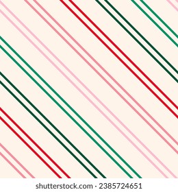 Diagonal stripes seamless pattern in Christmas colors. Retro 80-90’s fashion style background. Vector colorful thin lines texture. Abstract geometric decorative design template. Repeat striped pattern