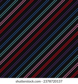 Diagonal stripes seamless pattern in neon colors. Retro 80-90’s fashion style background. Vector colorful lines on black backdrop. Abstract geometric decorative design template. Repeat geo texture